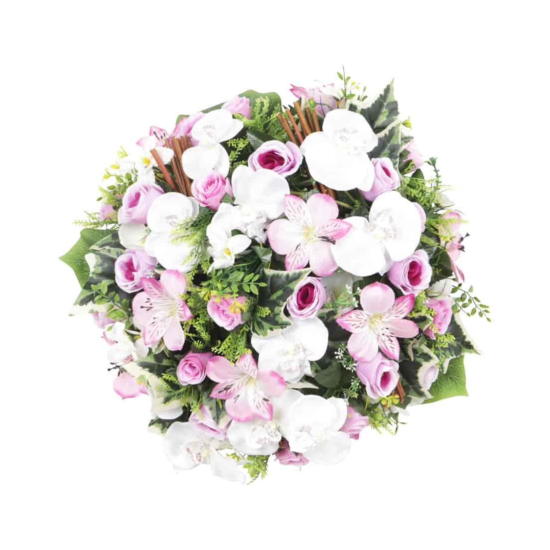 Coussin d'orchidées, roses, alstroemeria et fleurettes1