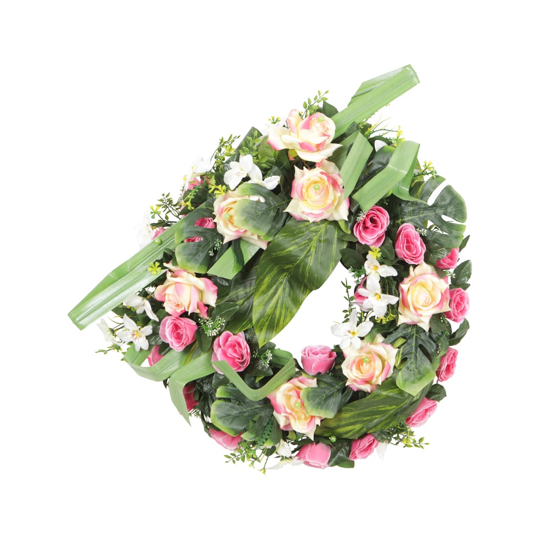 Couronne de roses et fleurettes avec feuillages