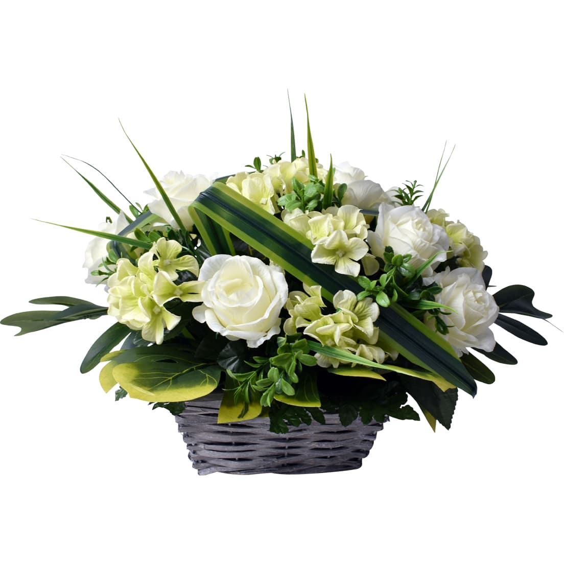 Panier de roses, hortensias et buis