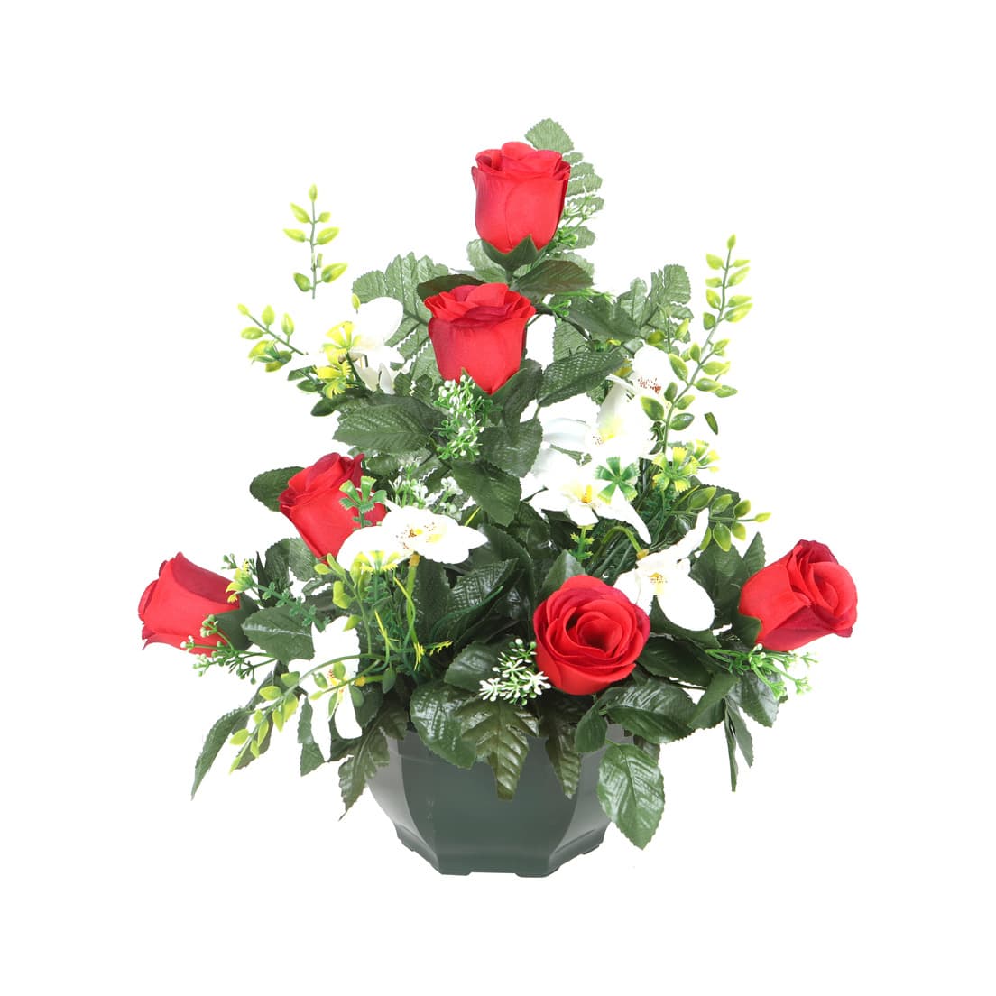 Coupe de roses, orchidées et fleurettes