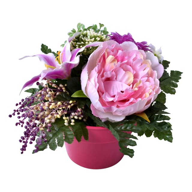 Coupe sur pot de lys et pivoines