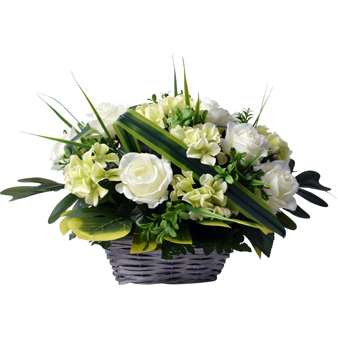 Panier de roses, hortensias et buis1